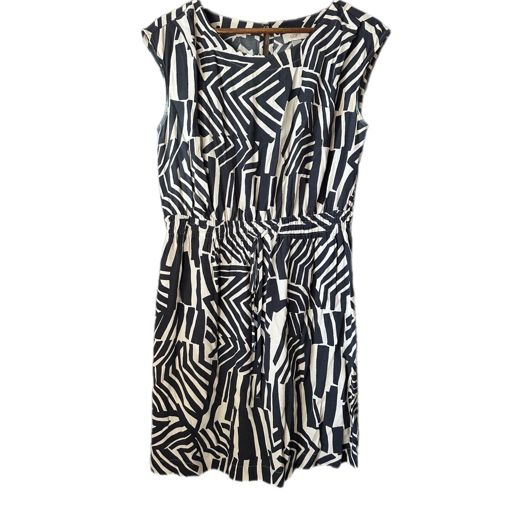 LOFT Geometric Abstract Print Dress Womens Small Black‎ White Drawstring